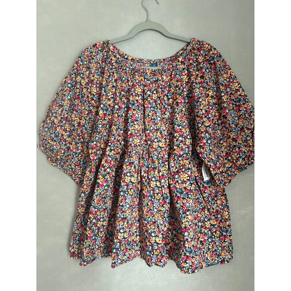 Old Navy Womens XL Tall Floral Babydoll Peplum Top Puff Sleeve Navy Blue Multi